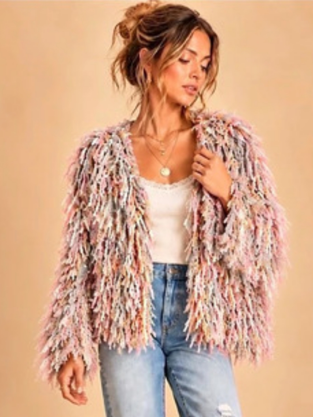 Wishlist Shaggy Fringe Cardigan S/M Gray Pink Gold Boho Statement Sweater EUC